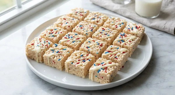 Red White and Blue Rice Krispie Treats with White Chocolate Drizzle