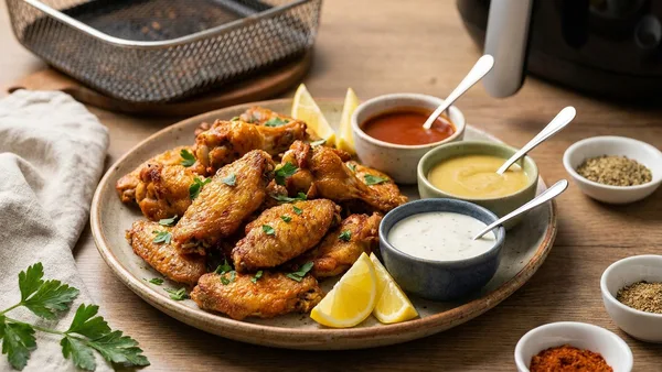Air Fryer Crispy Chicken Wings with 3 Dipping Sauces