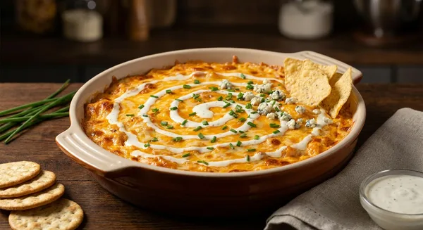 Baked Buffalo Chicken Dip with Cheddar and Ranch Swirl