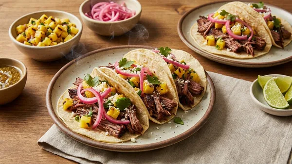 Smoked Brisket Tacos with Charred Pineapple Salsa and Pickled Red Onions