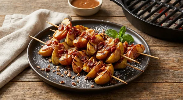 Grilled Caramel Apple Skewers with Candied Bacon and Cinnamon Drizzle