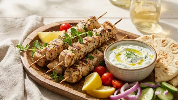 Greek Chicken Souvlaki Skewers with Quick Tzatziki