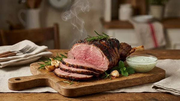 Smoked Leg of Lamb with Garlic, Rosemary and Mint Yogurt Sauce
