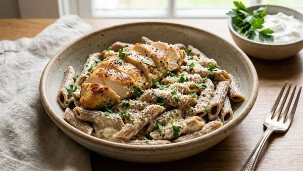 High-Protein Greek Yogurt Chicken Alfredo with Whole Wheat Penne