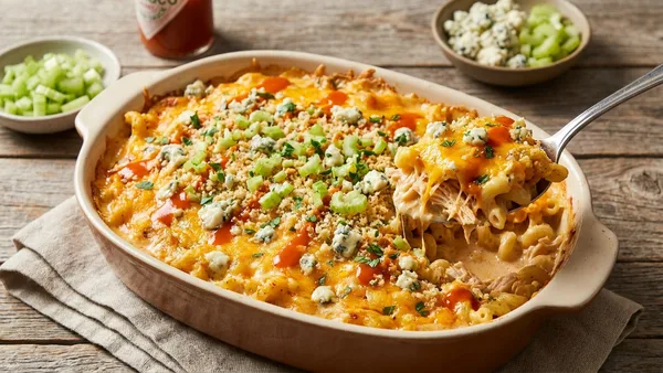 Buffalo Chicken Pasta Bake with Blue Cheese and Celery Crunch