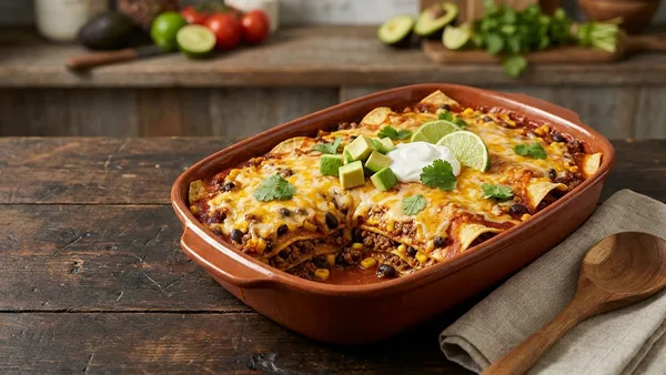 Layered Mexican Beef Enchilada Casserole with Black Beans and Corn