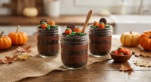 No-Bake Pumpkin Patch Dirt Cups with Candy Pumpkins