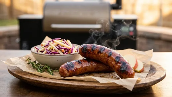 Maple-Smoked Bratwurst on the Pellet Smoker with Apple Slaw