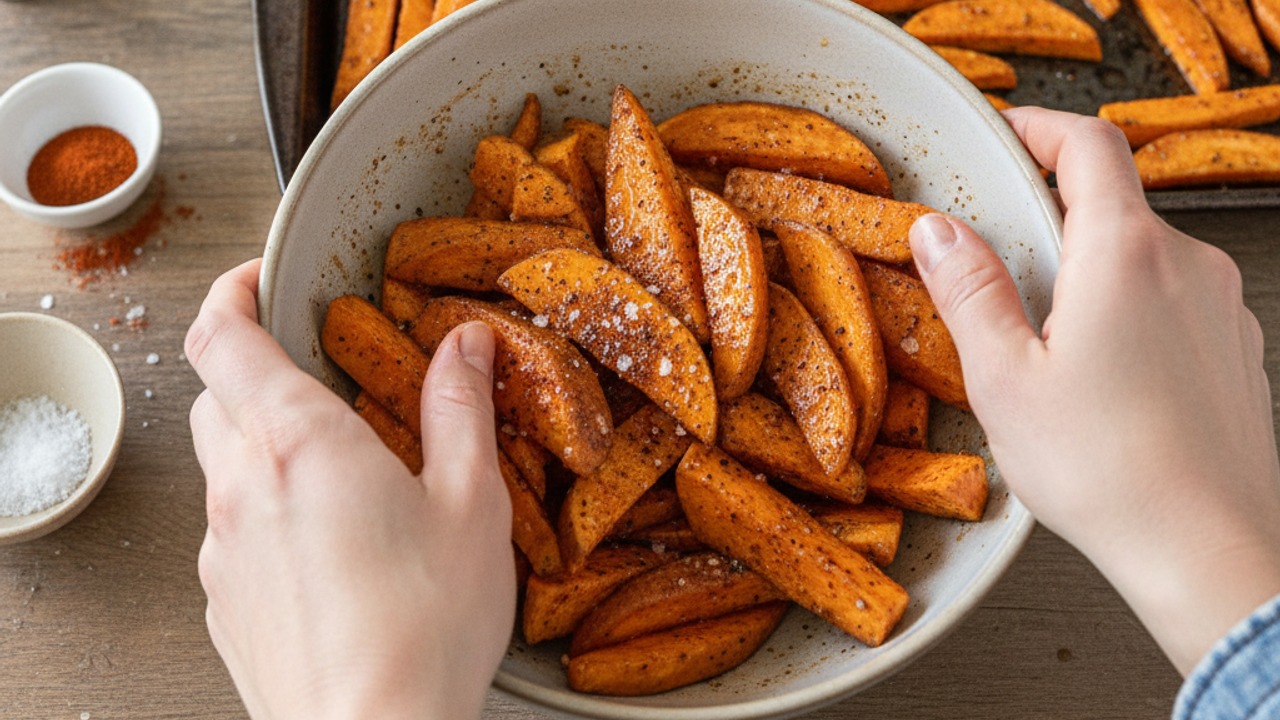 Prep and roast the sweet potato chips