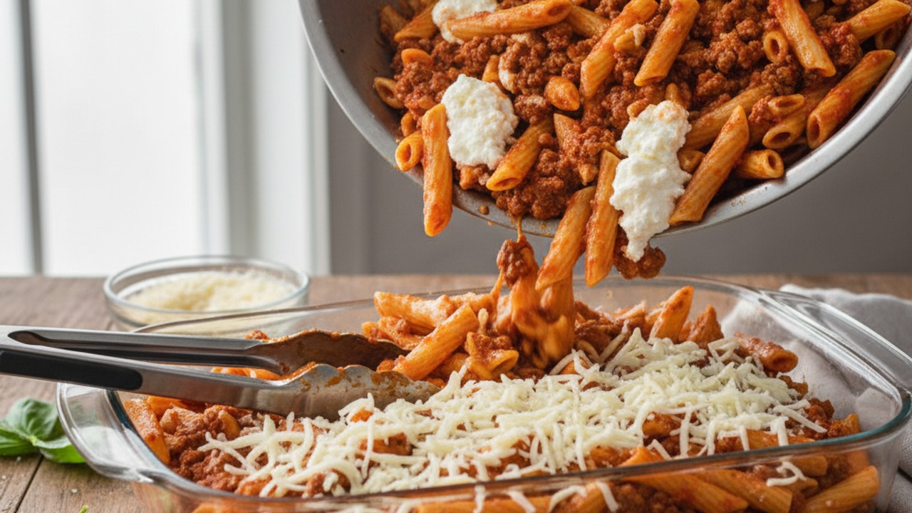 Combine pasta, sauce and cheese