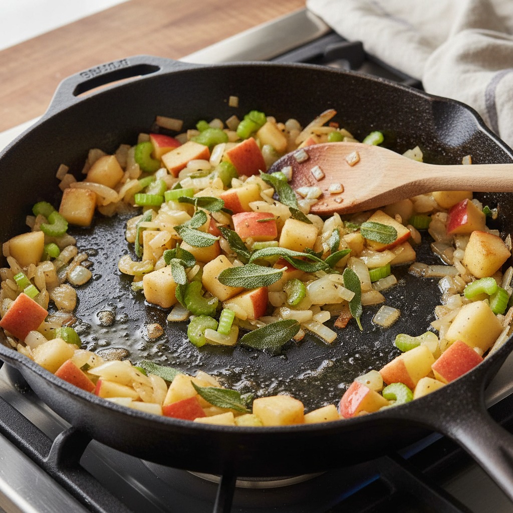 Sauté onions, celery and apples with sage