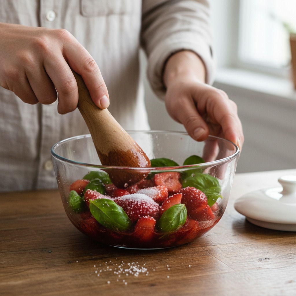 Macerate strawberries with sugar and basil