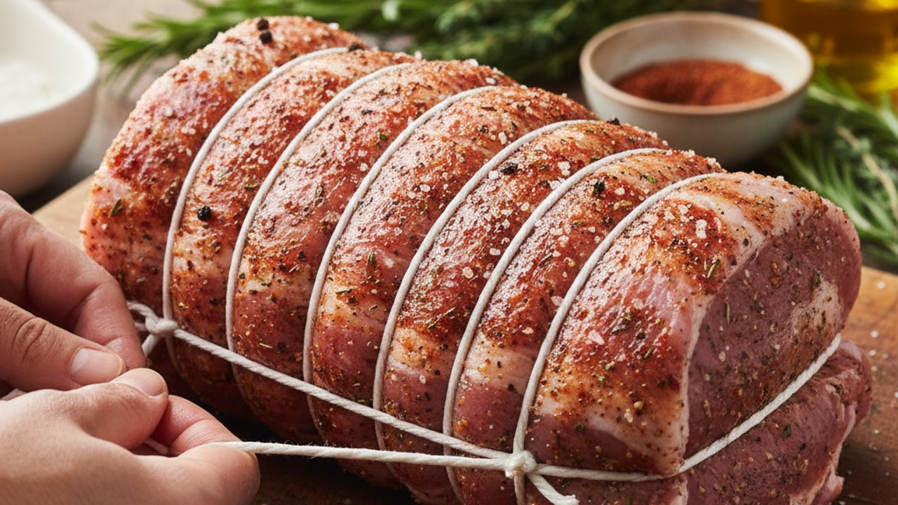 Season and truss the pork