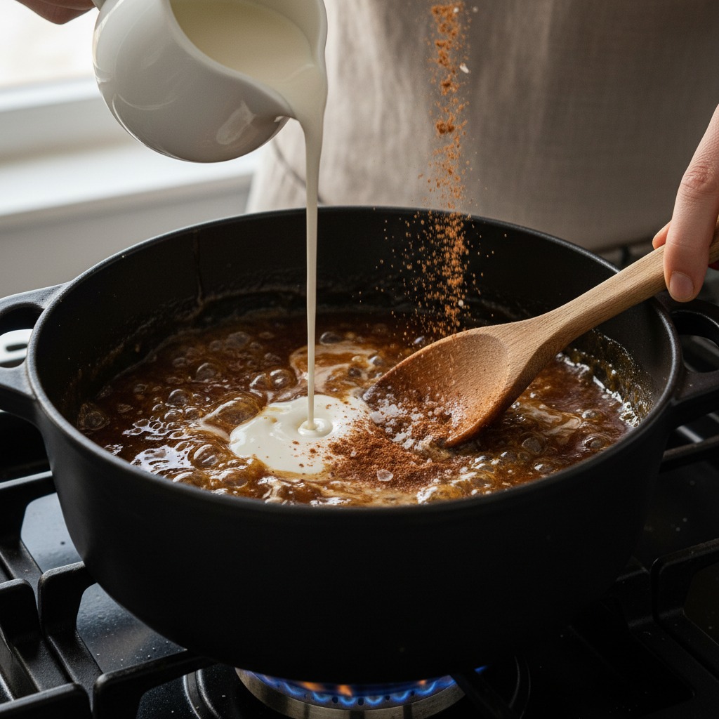 Add cream and seasoning, simmer