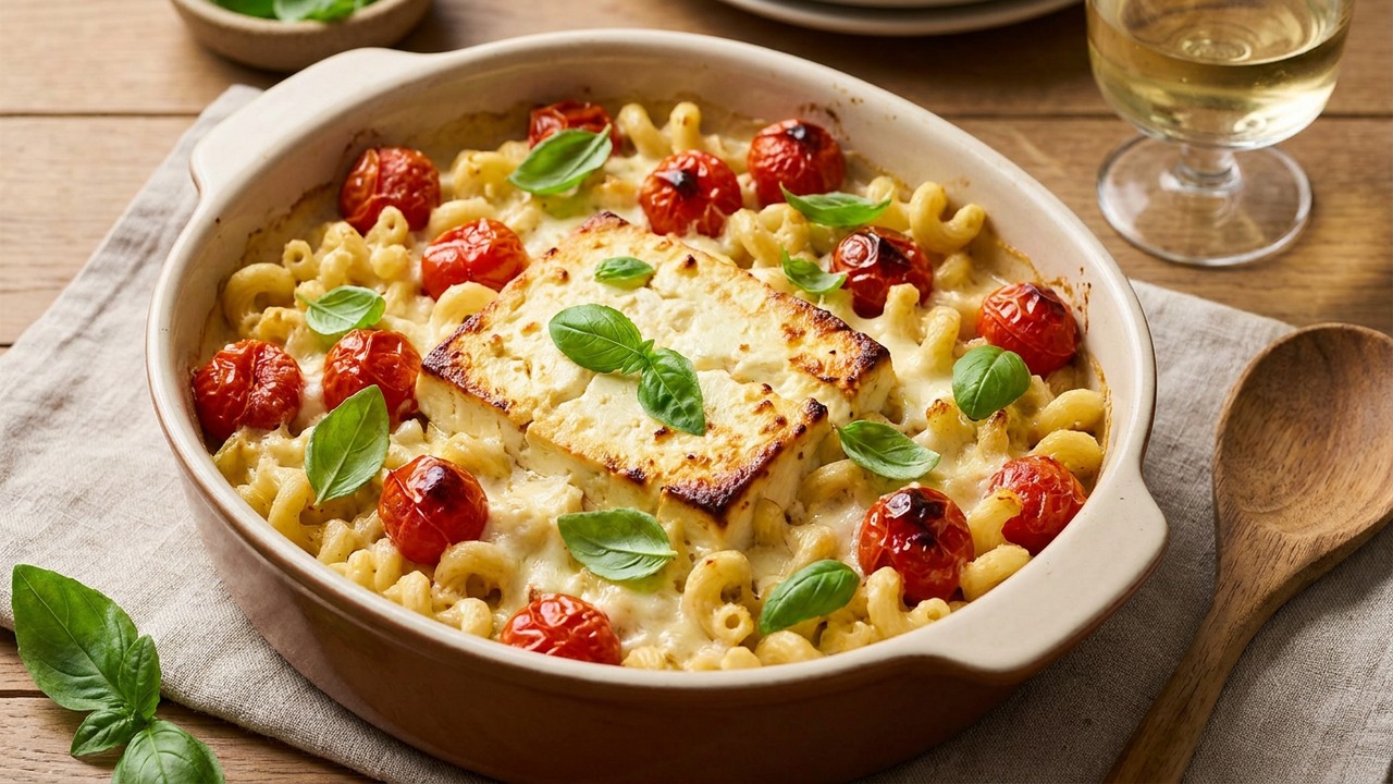 Baked Feta Pasta with Roasted Cherry Tomatoes and Fresh Basil (Viral Baked Feta Trend)