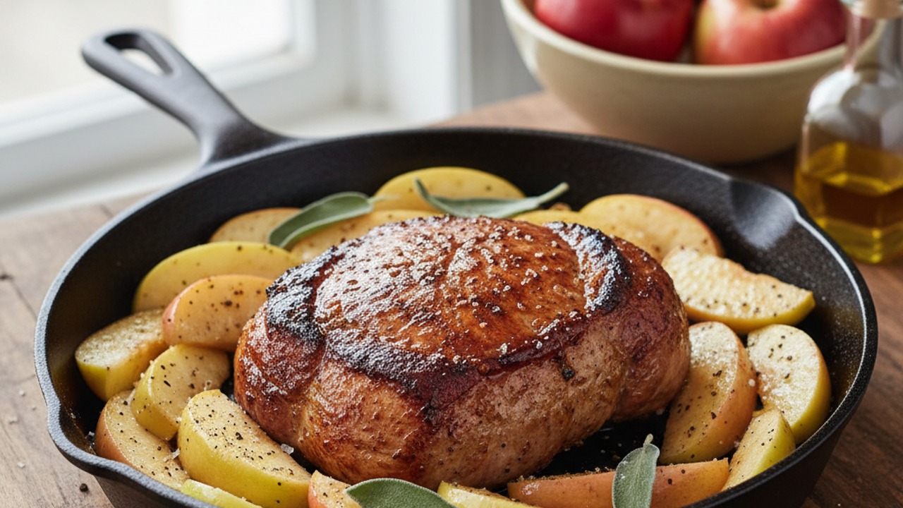 Arrange roast and apples in pan