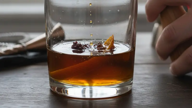 Build bitters, syrup and orange oil