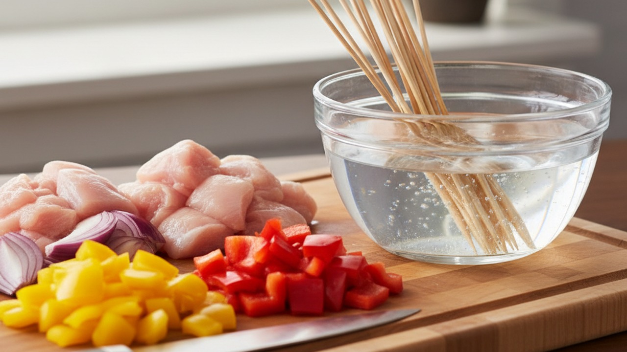 Soak skewers and prep the chicken and vegetables
