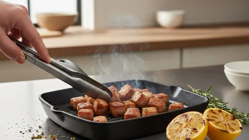 Grill the pancetta until crisp and char the lemon
