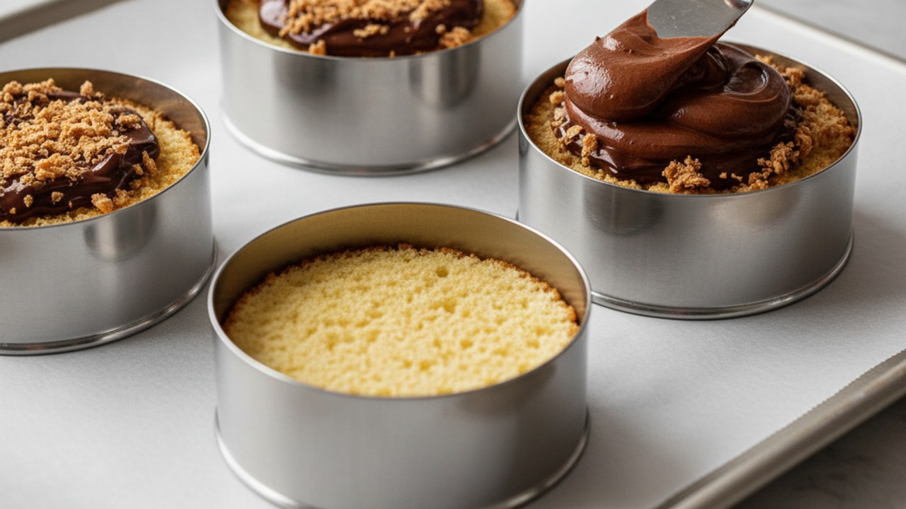 Assemble layers with feuilletine crunch