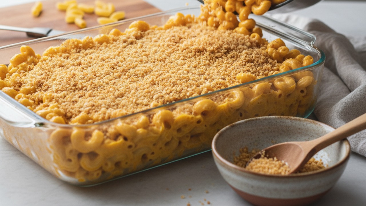 Assemble and top with breadcrumbs