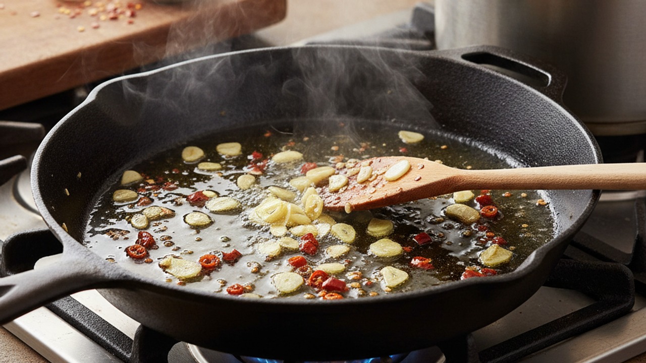 Infuse the oil with garlic and chili