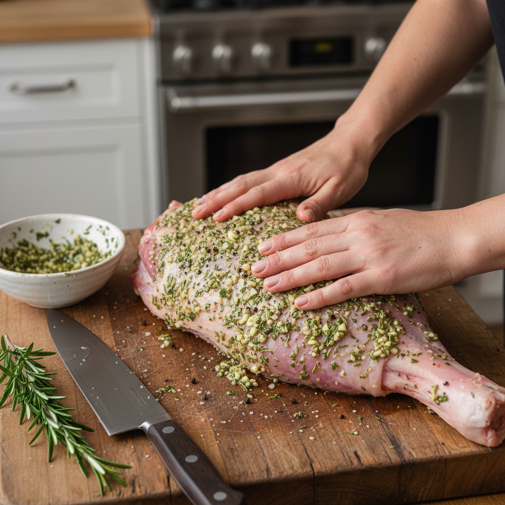 Make the garlic-rosemary rub and season the lamb