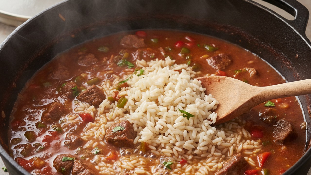 Add rice and broth, then simmer