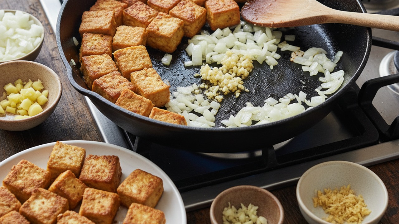 Pan-fry tofu and soften the aromatics