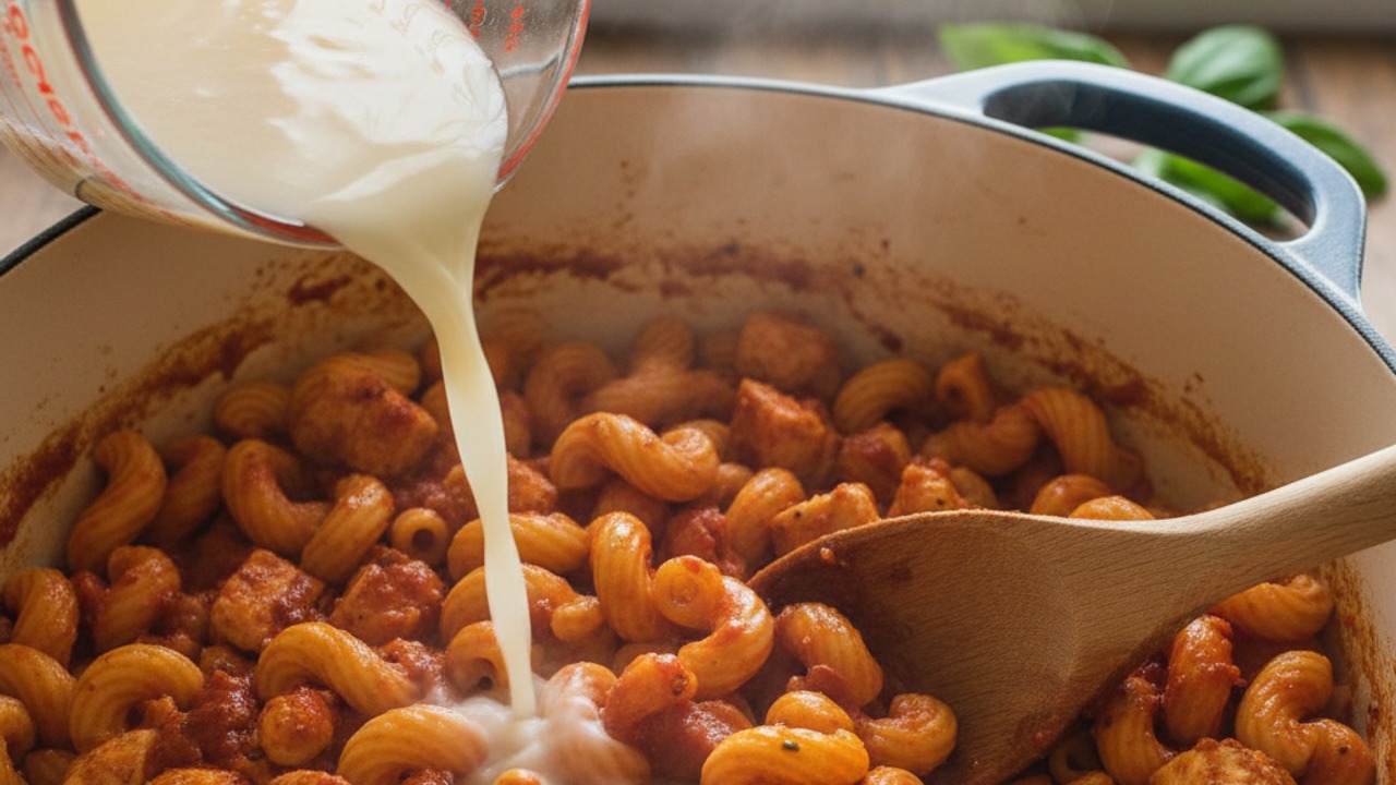 Combine pasta, sauce, and chicken