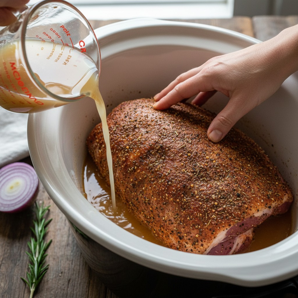 Arrange pork and add cooking liquids to the crock pot