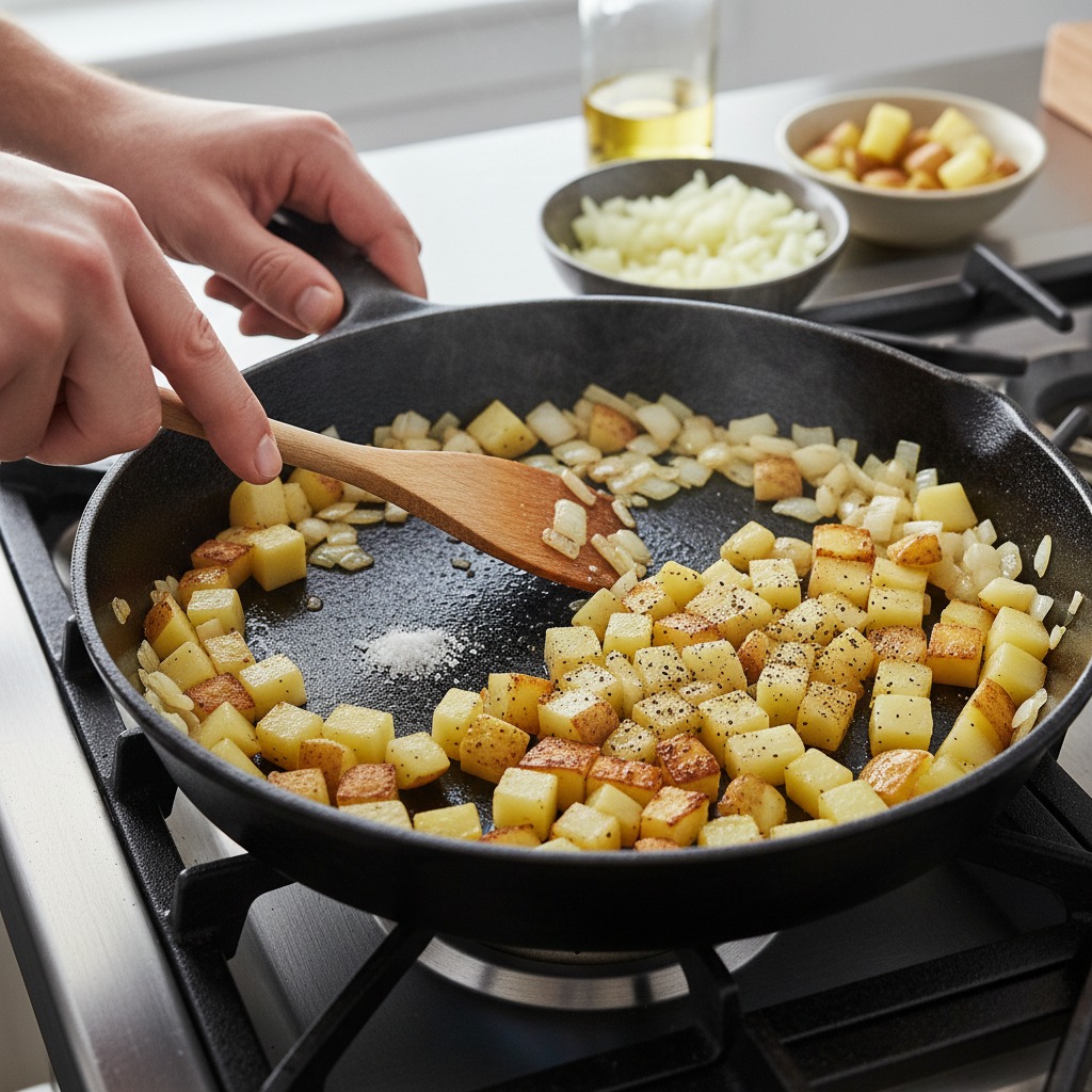 Cook potatoes and sweat onions