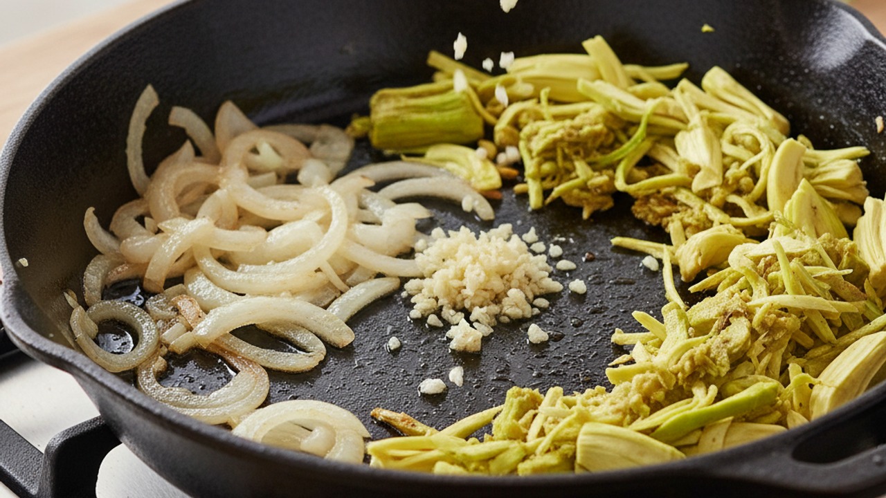 Prep and pan-sear aromatics with jackfruit
