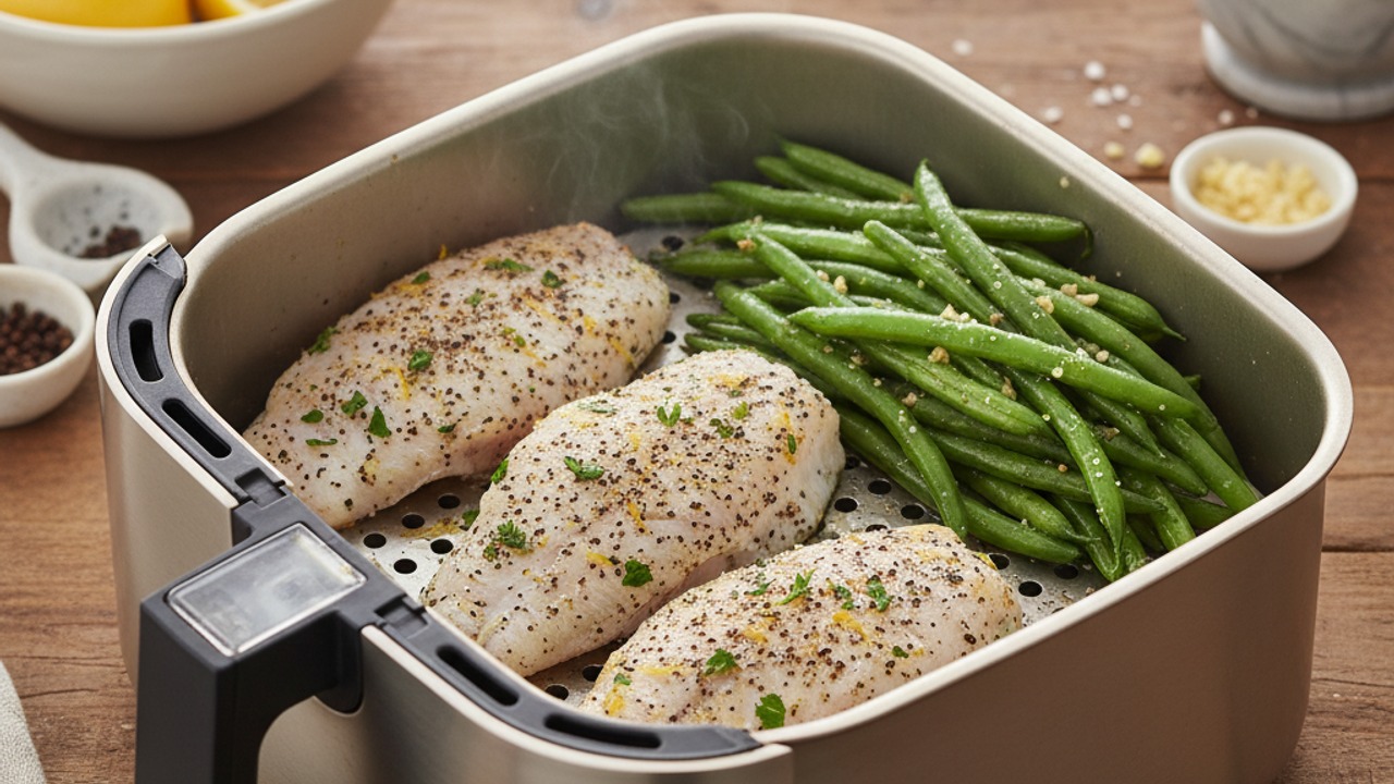 Air fry the fish and add green beans