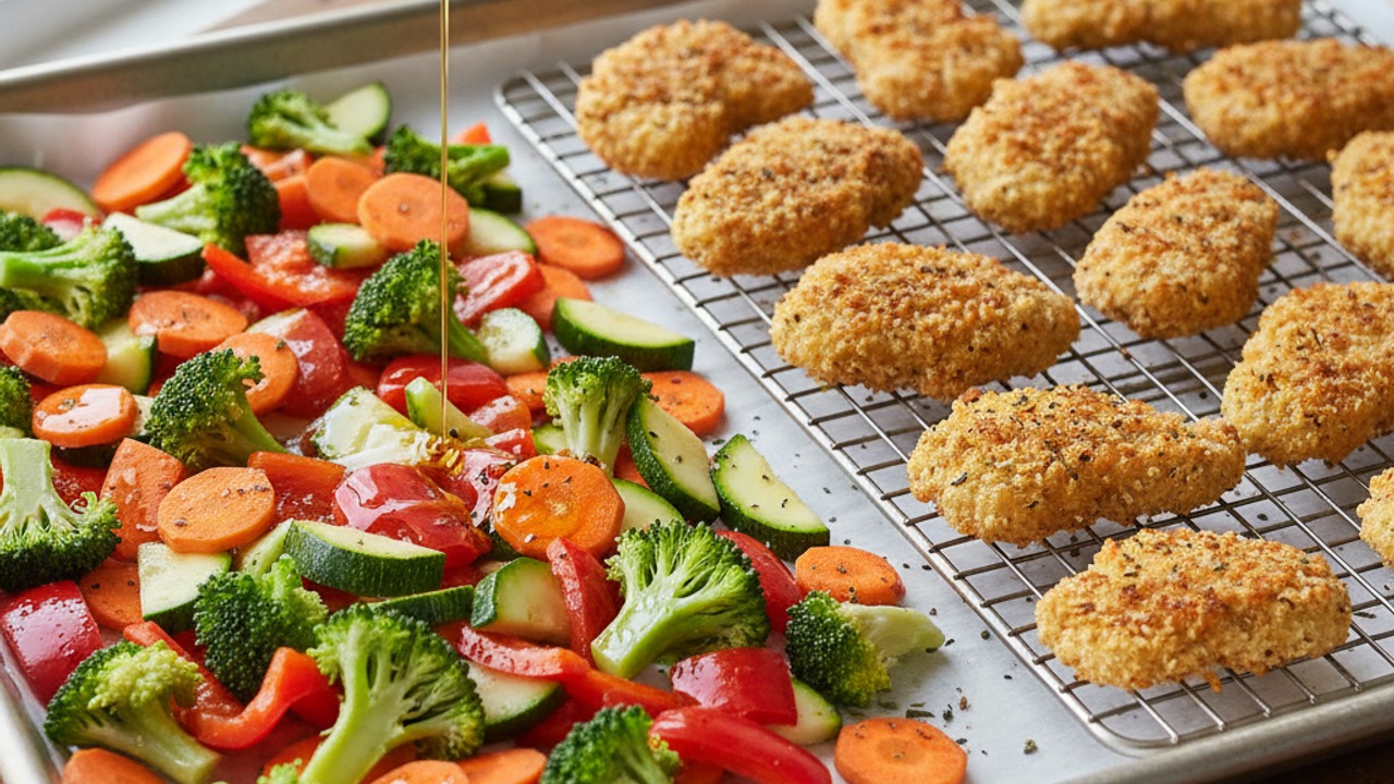 Arrange nuggets and vegetables on the sheet pan