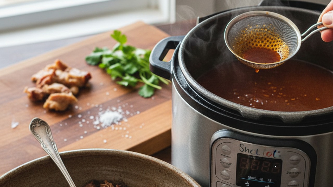 Shred meat and reduce consommé
