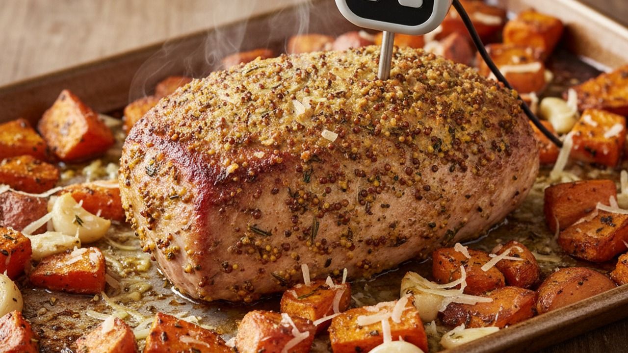 Roast until pork is cooked and potatoes are tender