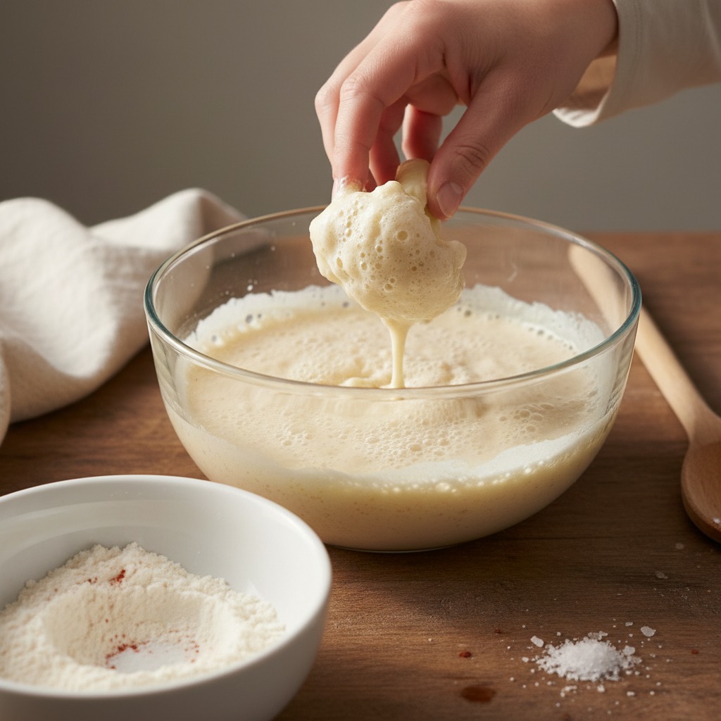 Make the light batter and coat cauliflower