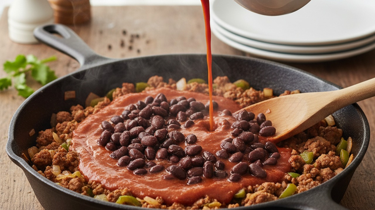 Add sauce and beans, simmer