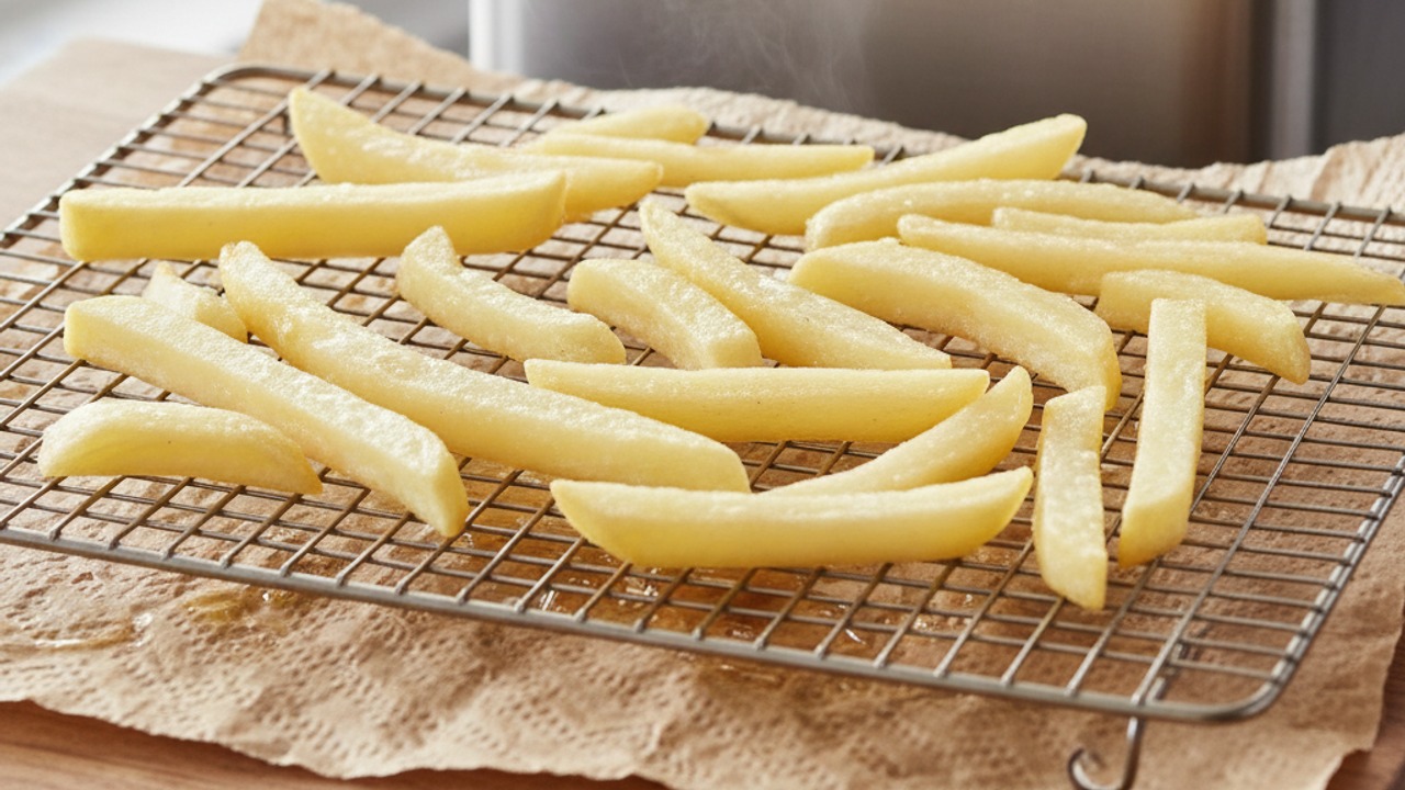 First (low-temperature) fry — blanch