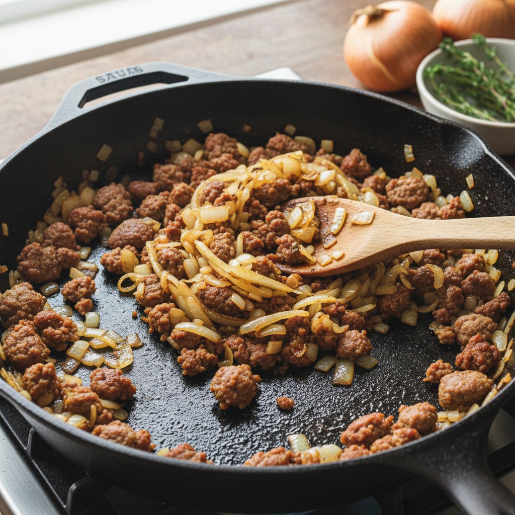 Cook the sausage and onion