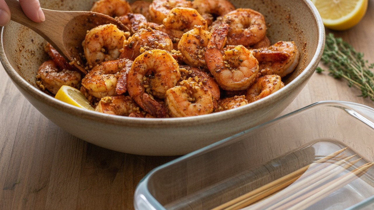 Marinate the shrimp and prepare skewers