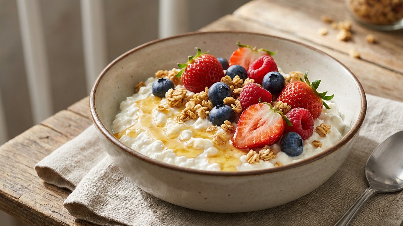 Cottage Cheese Breakfast Bowl with Honey, Berries, and Granola