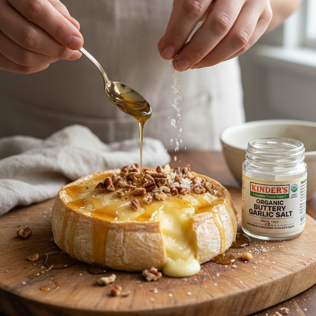 Finish with honey, pecans and Kinder's salt
