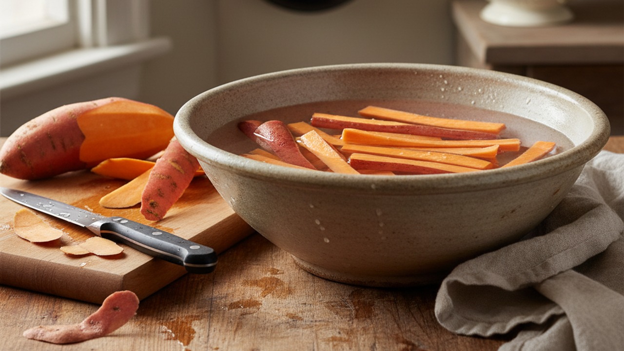 Cut and soak the sweet potatoes