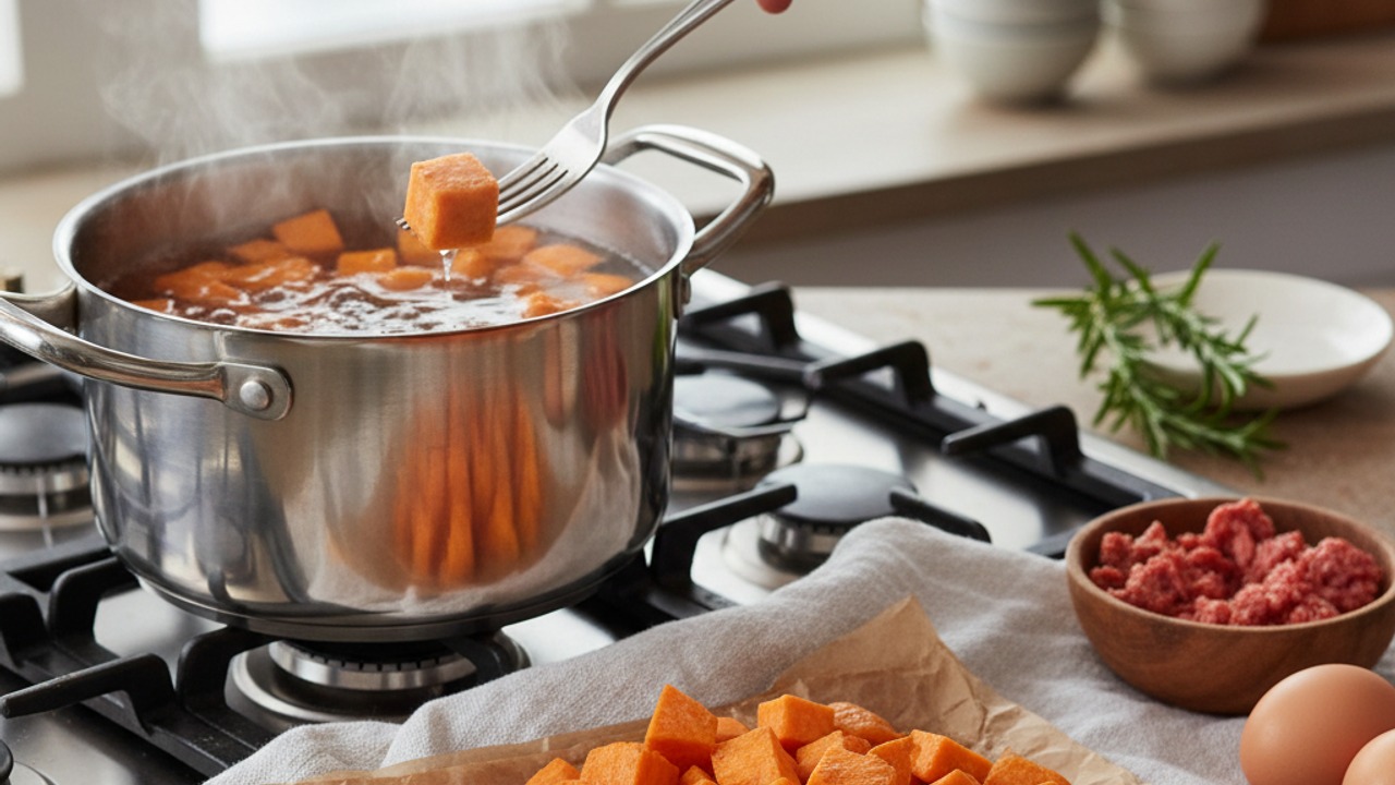 Prep and parboil the sweet potatoes