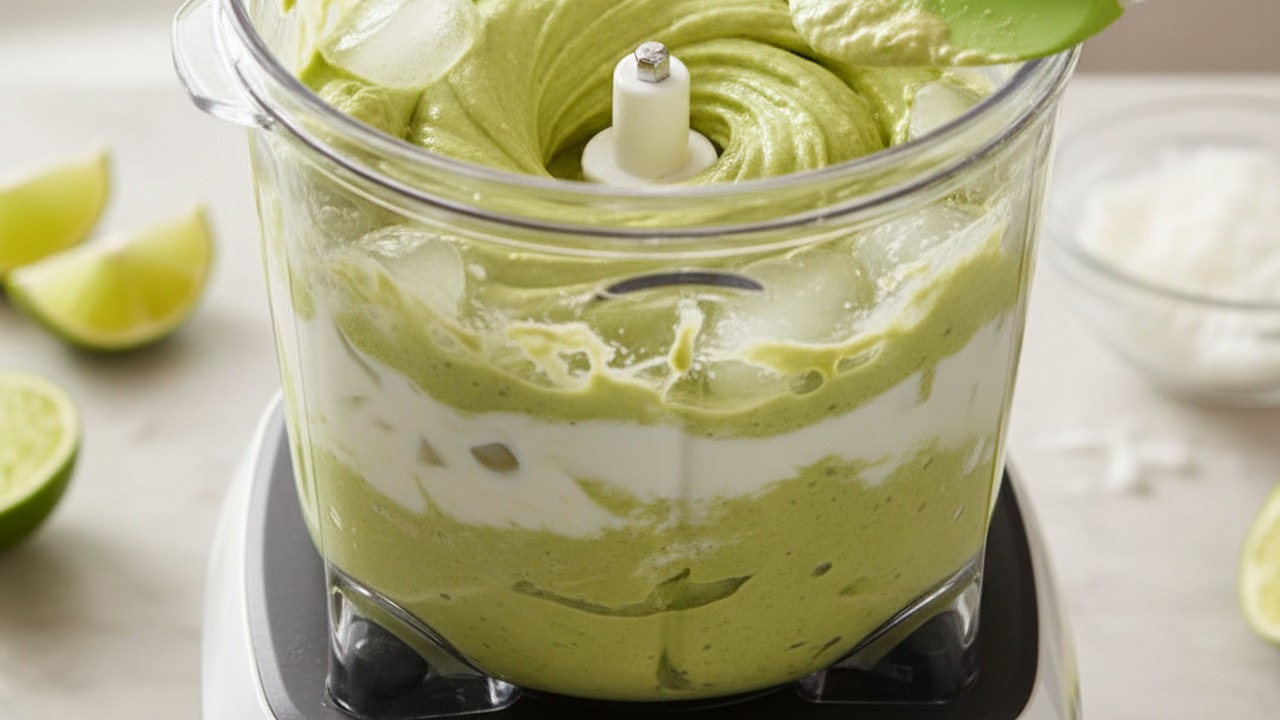 Blend to soft-serve slushy consistency