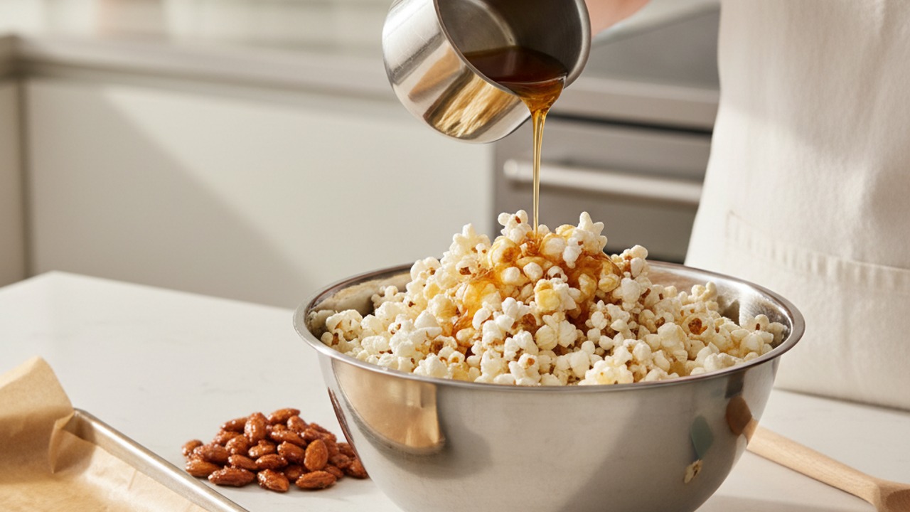 Coat popcorn and combine
