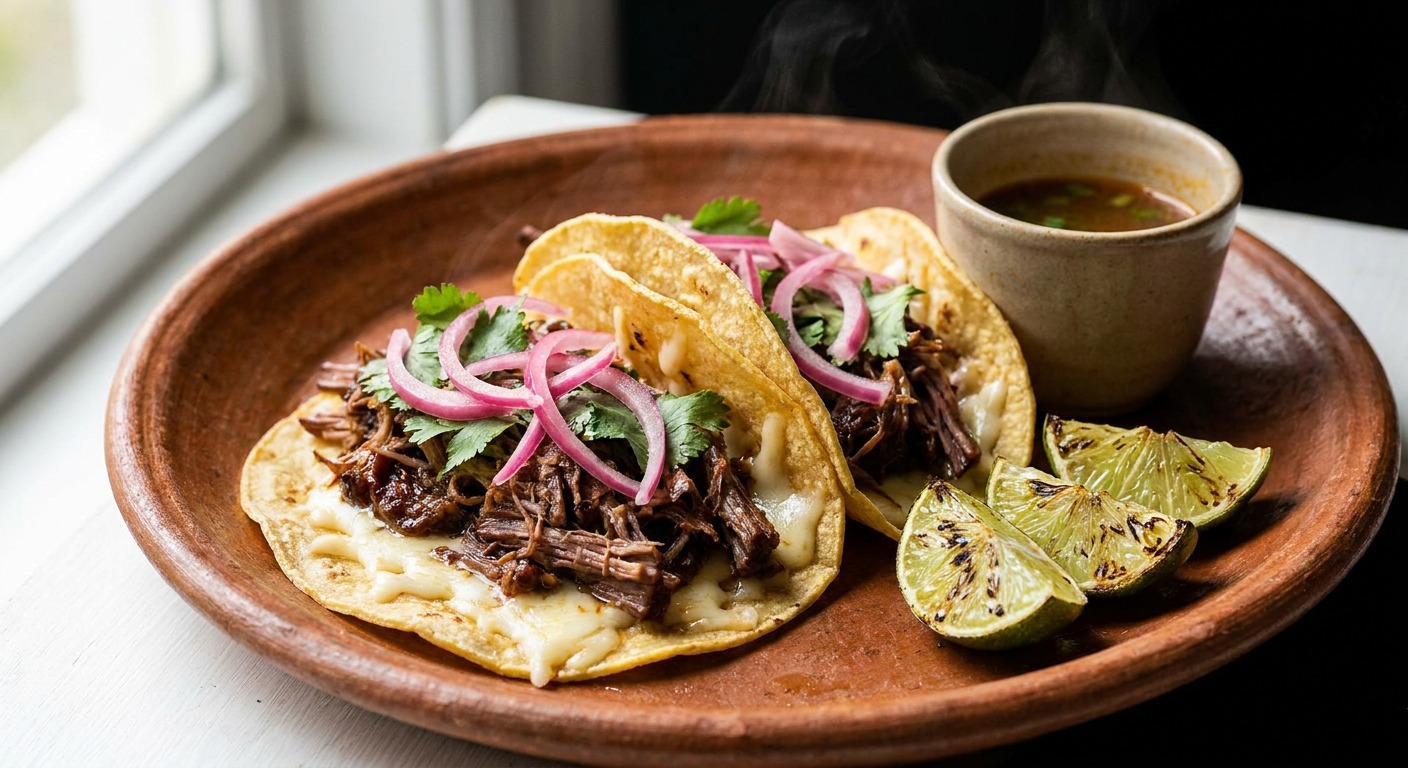 Smoked Short Rib Birria Tacos with Charred-Lime Consommé and Quick-Pickled Red Onions