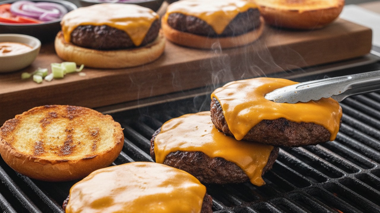 Add cheese, toast buns and rest